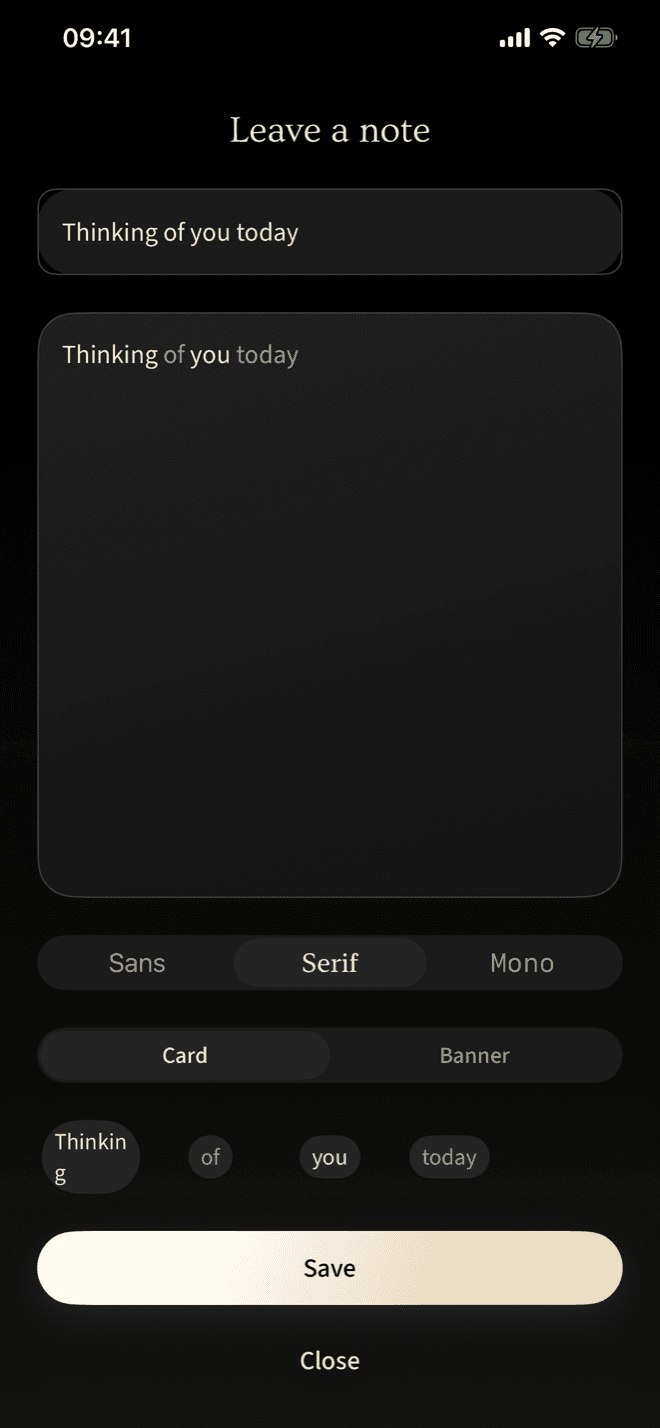 The Rellio Note widget: a short message shared straight to a partner's home screen.