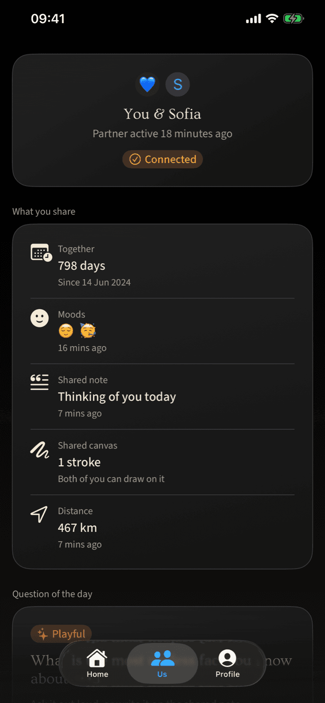 The Rellio “Us” screen: a daily prompt for couples to answer together.