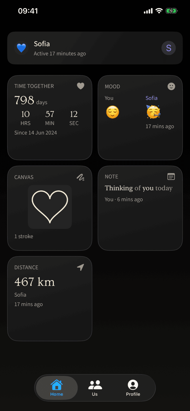 The Rellio home screen: Time Together, Mood, Canvas, Note and Distance widgets shared with a partner.